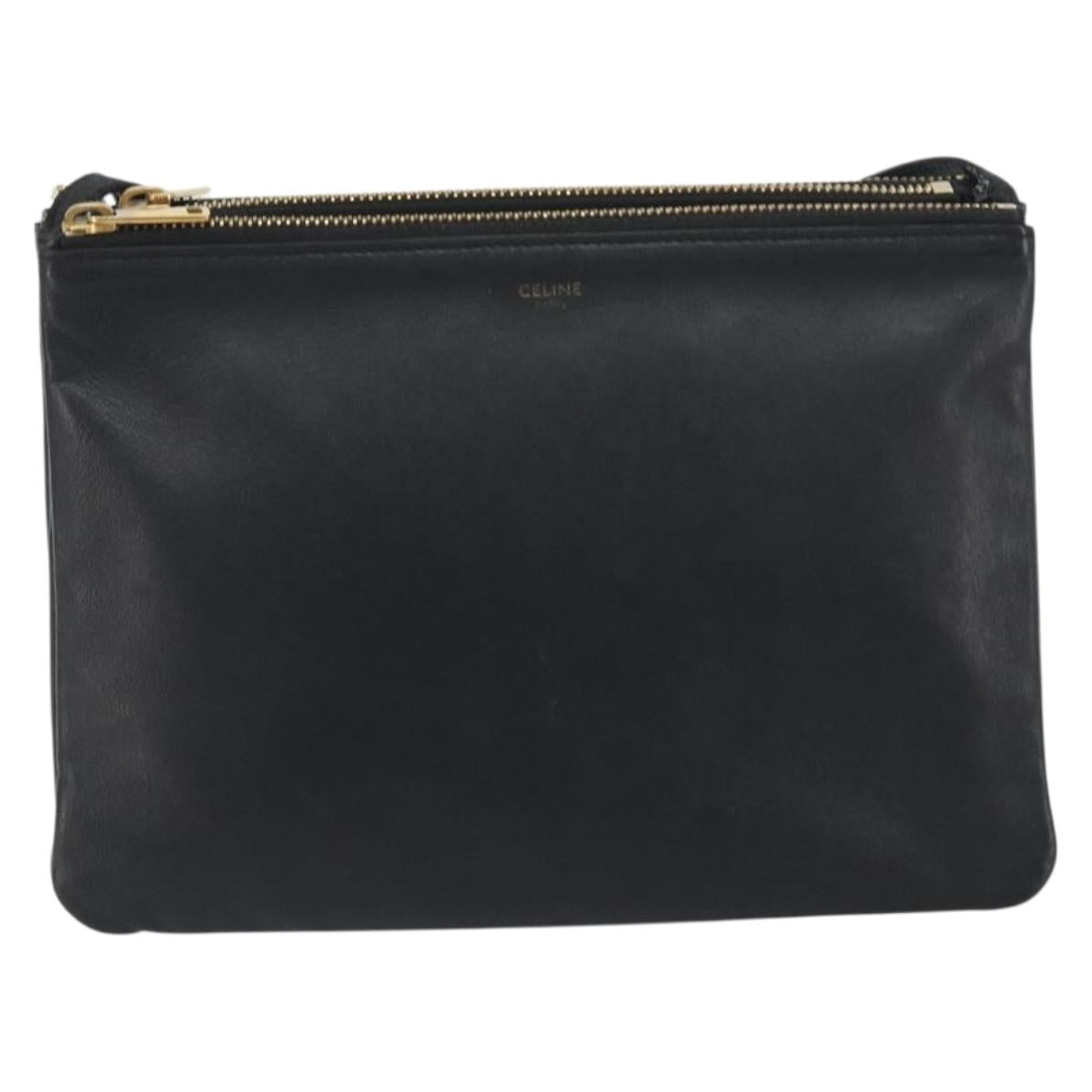 CELINE Trio Shoulder Bag Leather Black Gold Auth 195660