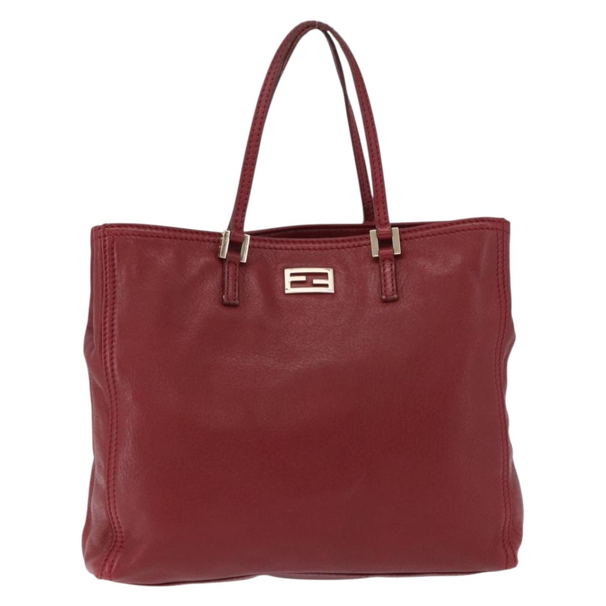 FENDI Hand Bag Leather Red Gold Auth 195663
