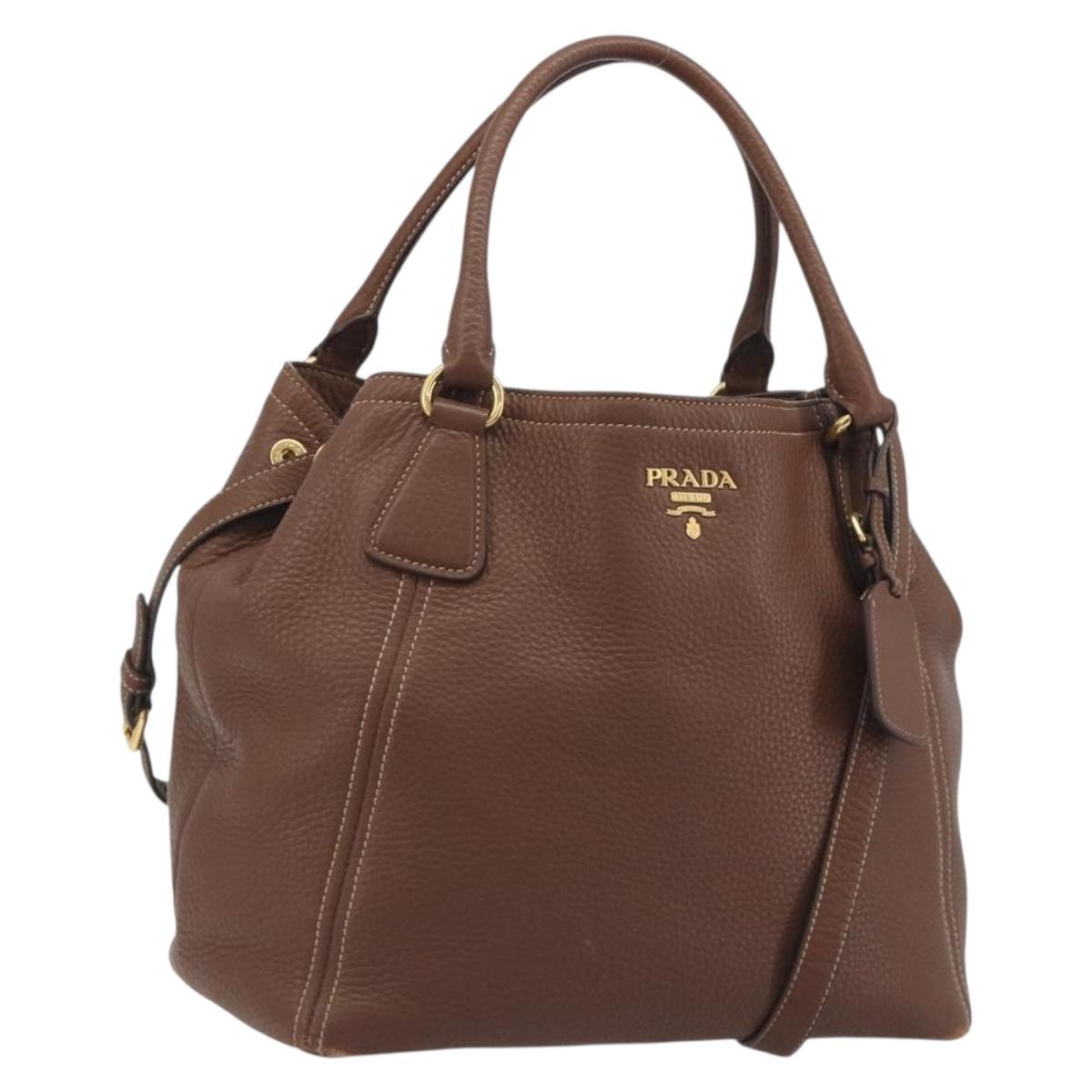 PRADA Hand Bag Vittero Dino Leather 2way Brown Gold Auth 195668V