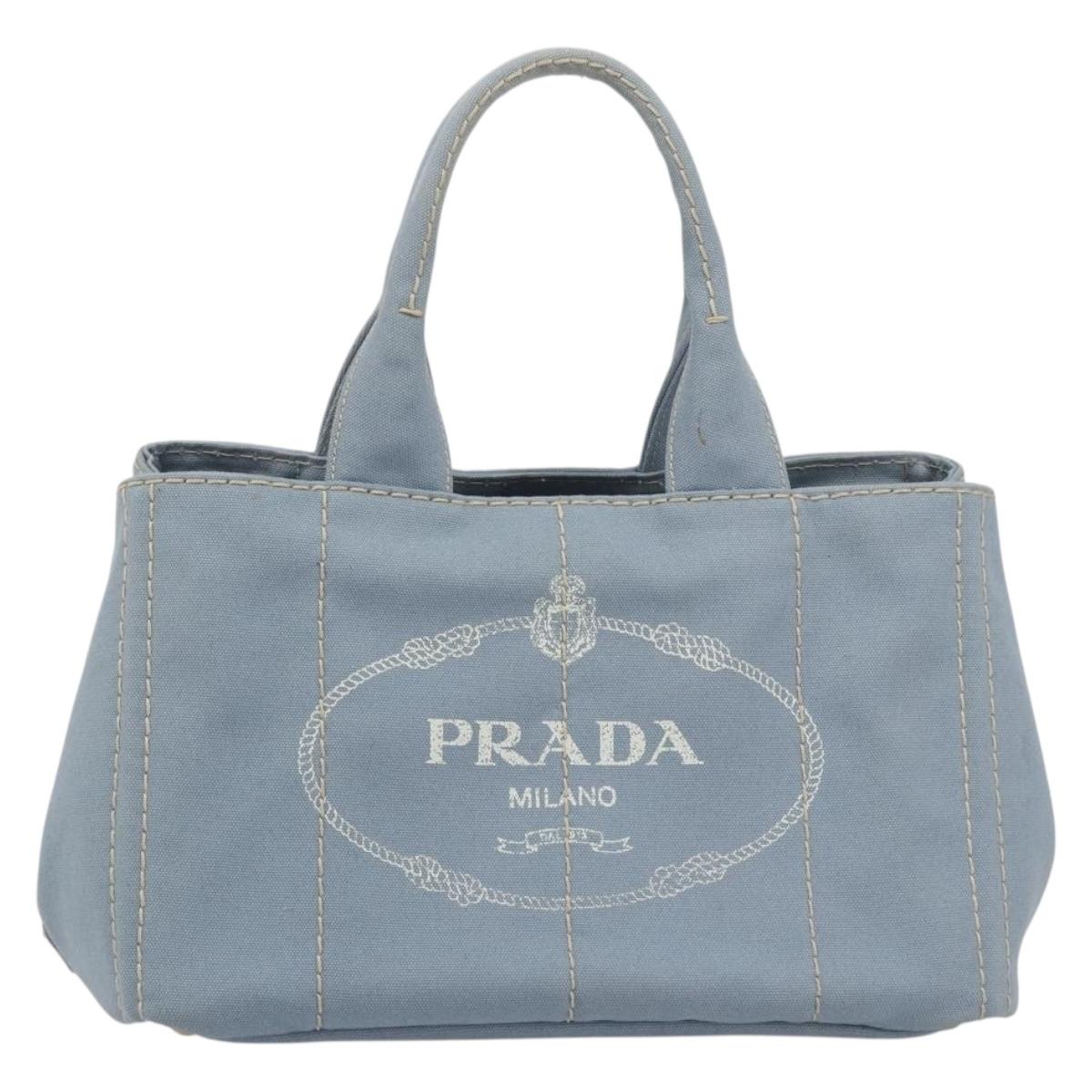 PRADA Canapa MM Hand Bag Canvas Light Blue Gold Auth 195671A