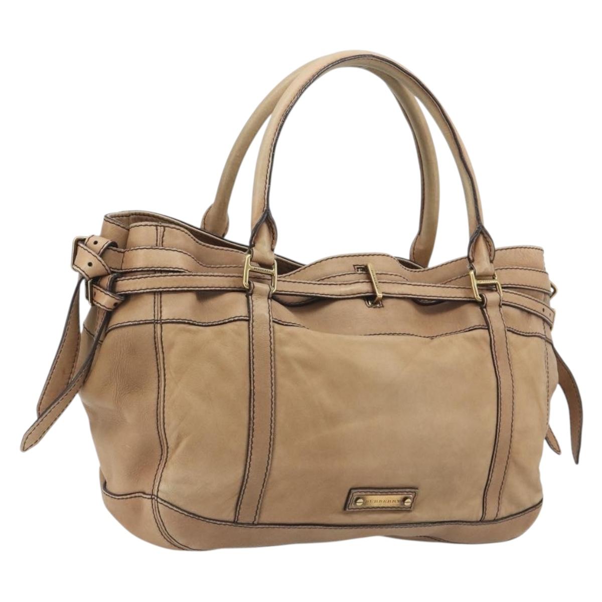 BURBERRY Tote Bag Leather Beige Gold Auth 195681A