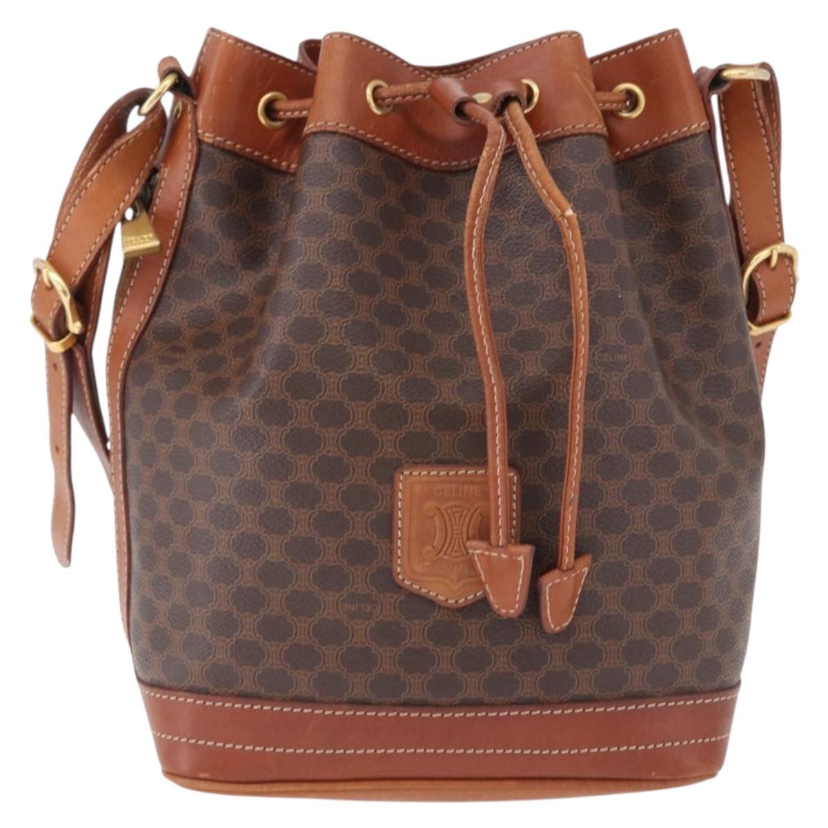 CELINE Macadam Canvas Shoulder Bag PVC Leather Brown Gold Auth 195708