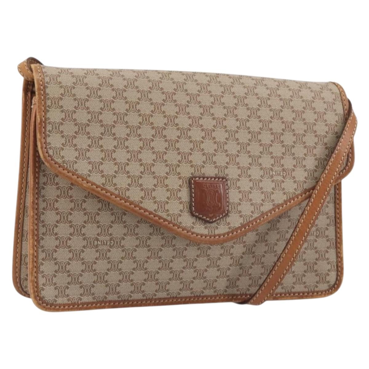 CELINE Macadam Canvas Shoulder Bag PVC Beige Gold Auth 195715