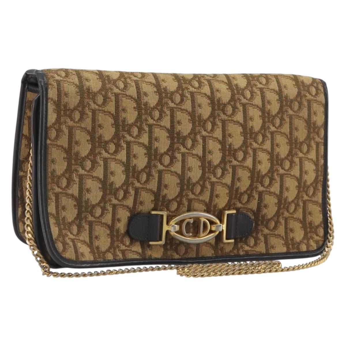 Christian Dior Trotter Canvas Chain Shoulder Bag Beige Gold Auth 195716