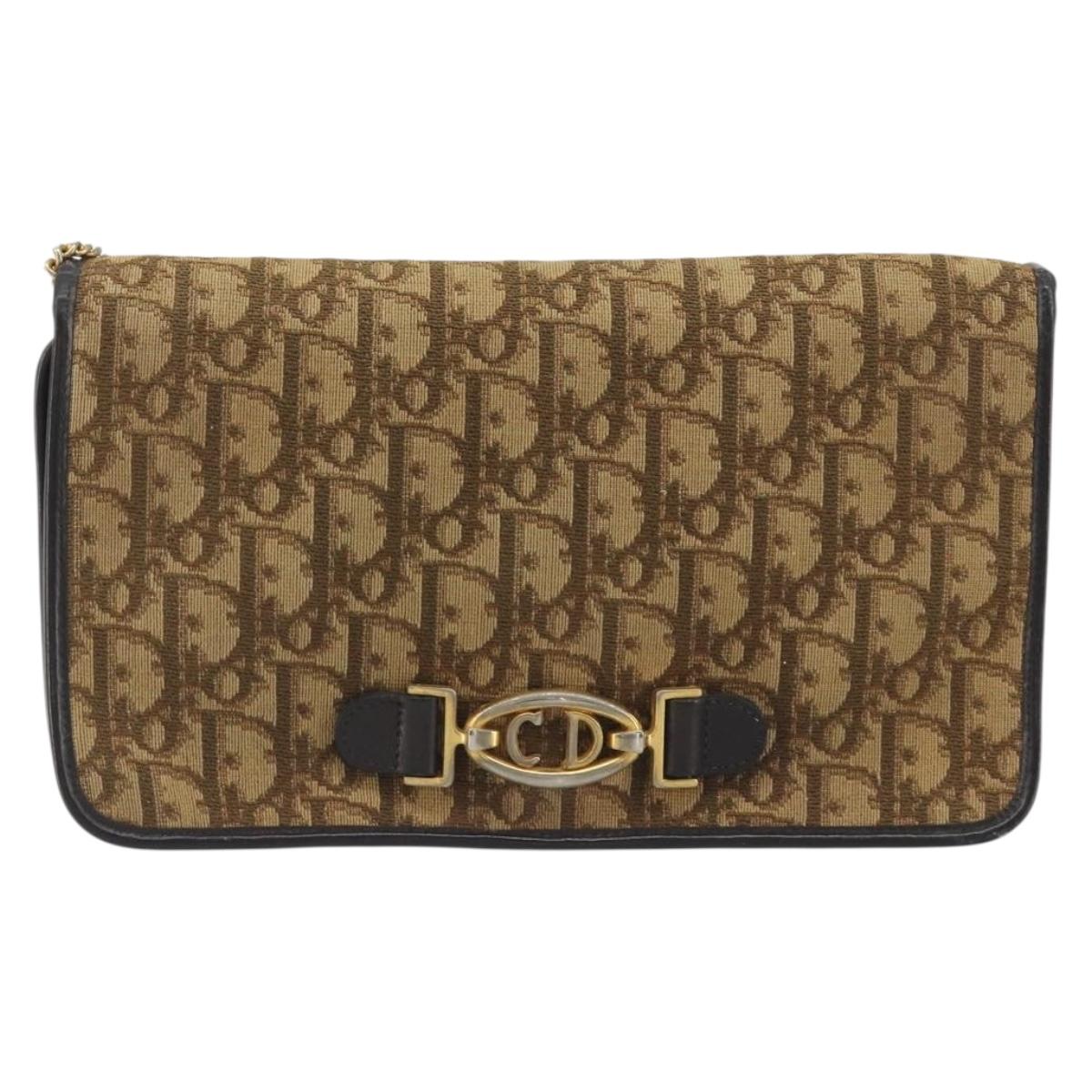 Christian Dior Trotter Canvas Chain Shoulder Bag Beige Gold Auth 195716