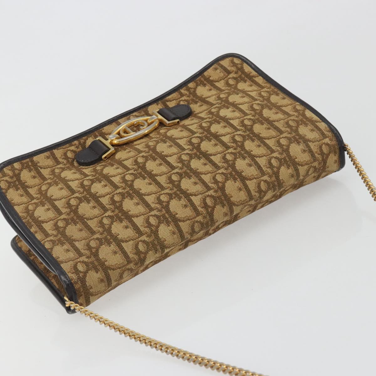 Christian Dior Trotter Canvas Chain Shoulder Bag Beige Gold Auth 195716