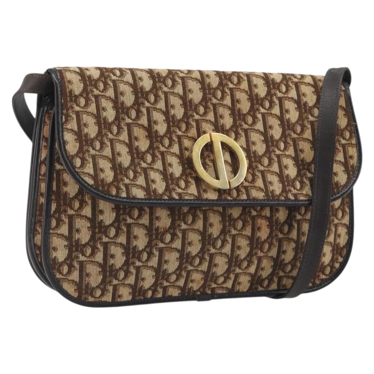 Christian Dior Trotter Canvas Shoulder Bag Beige Gold Auth 195717