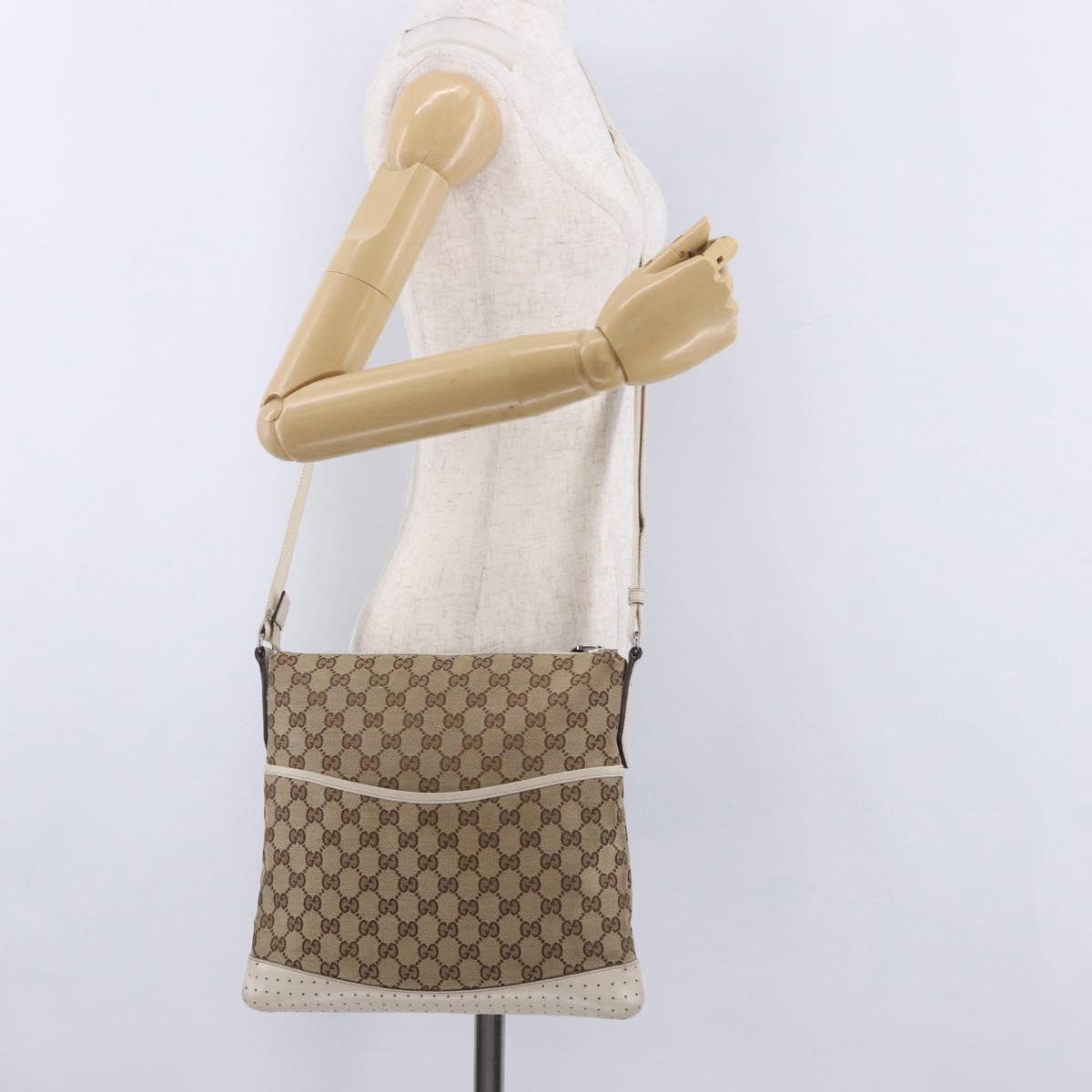 GUCCI GG Canvas Shoulder Bag Beige Silver 145857 Auth 195721
