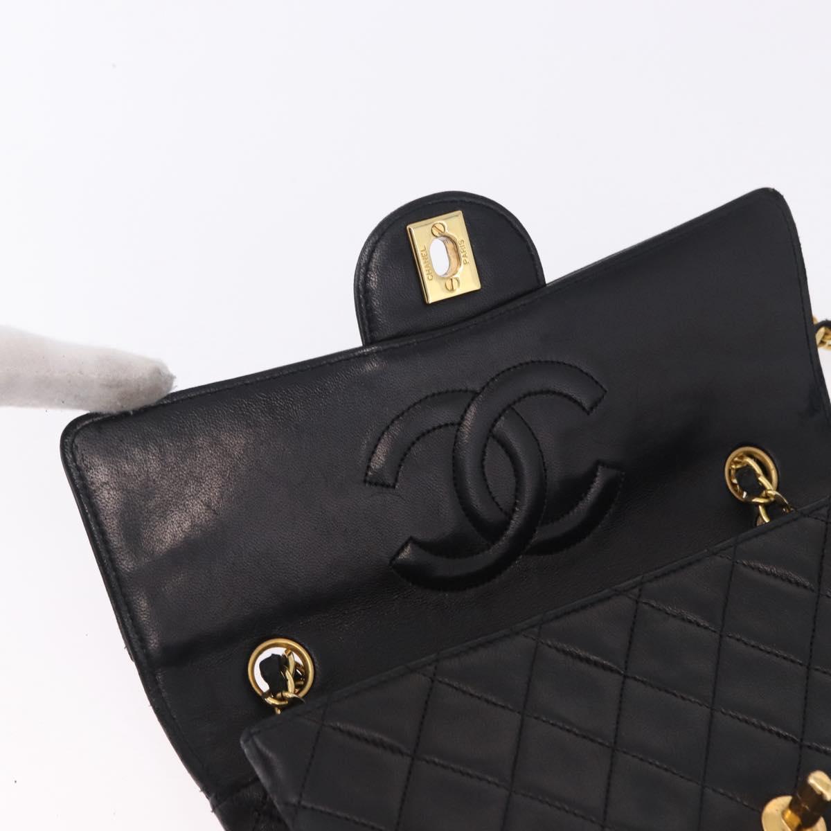 CHANEL Matelasse Chain Shoulder Bag Lamb Skin Black Gold CC Auth 195725