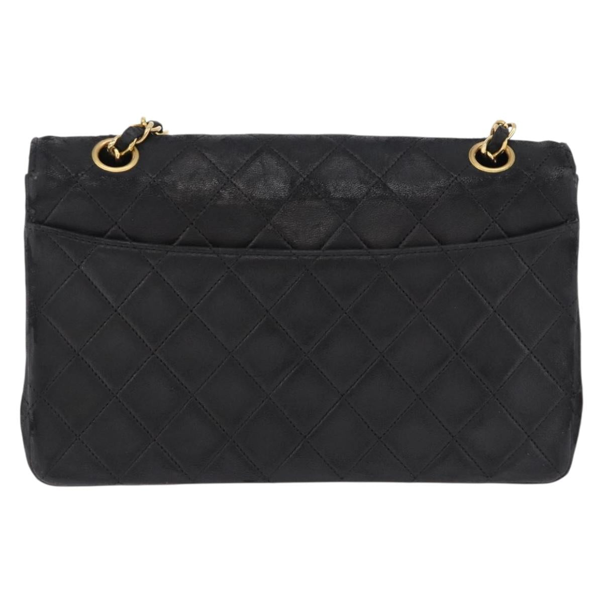CHANEL Matelasse Chain Shoulder Bag Lamb Skin Black Gold CC Auth 195725