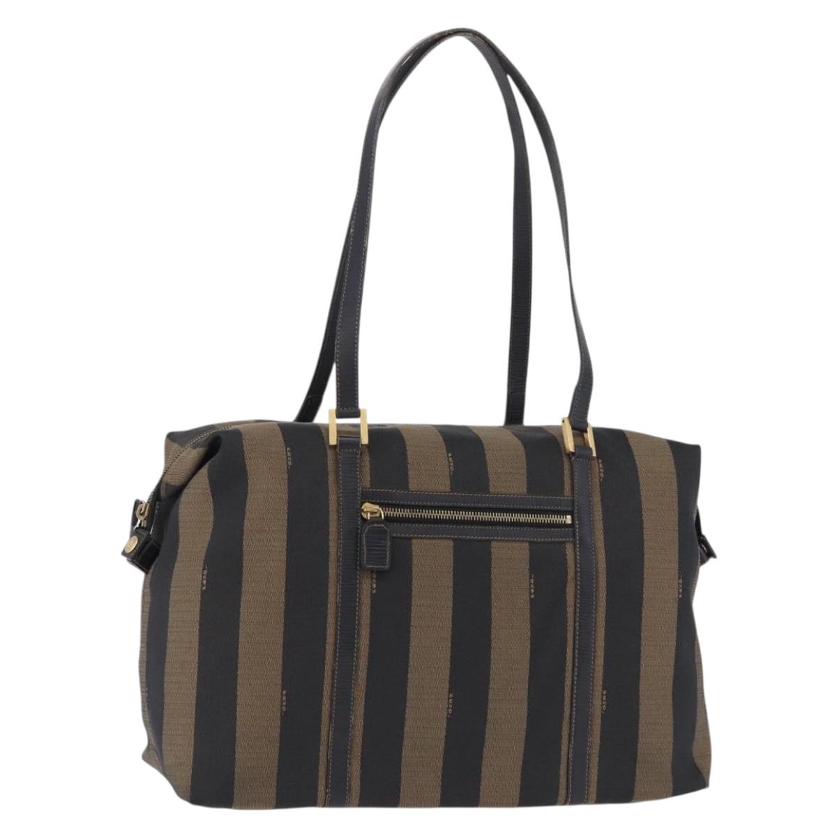 FENDI Pecan Canvas Tote Bag Brown Black Auth 195728A