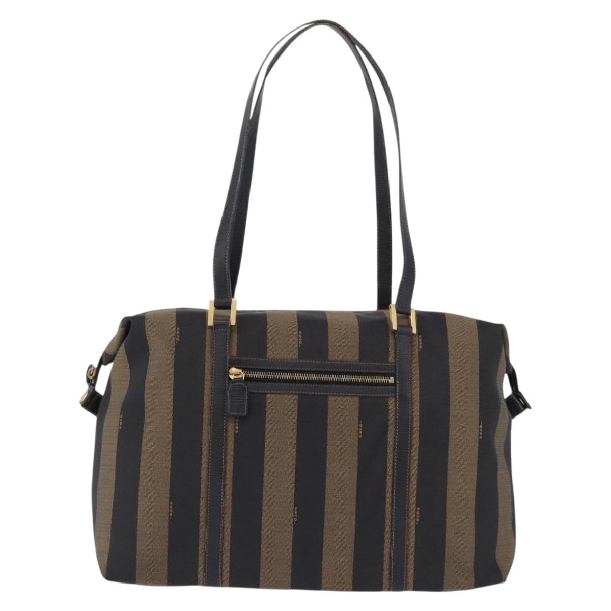 FENDI Pecan Canvas Tote Bag Brown Black Auth 195728A