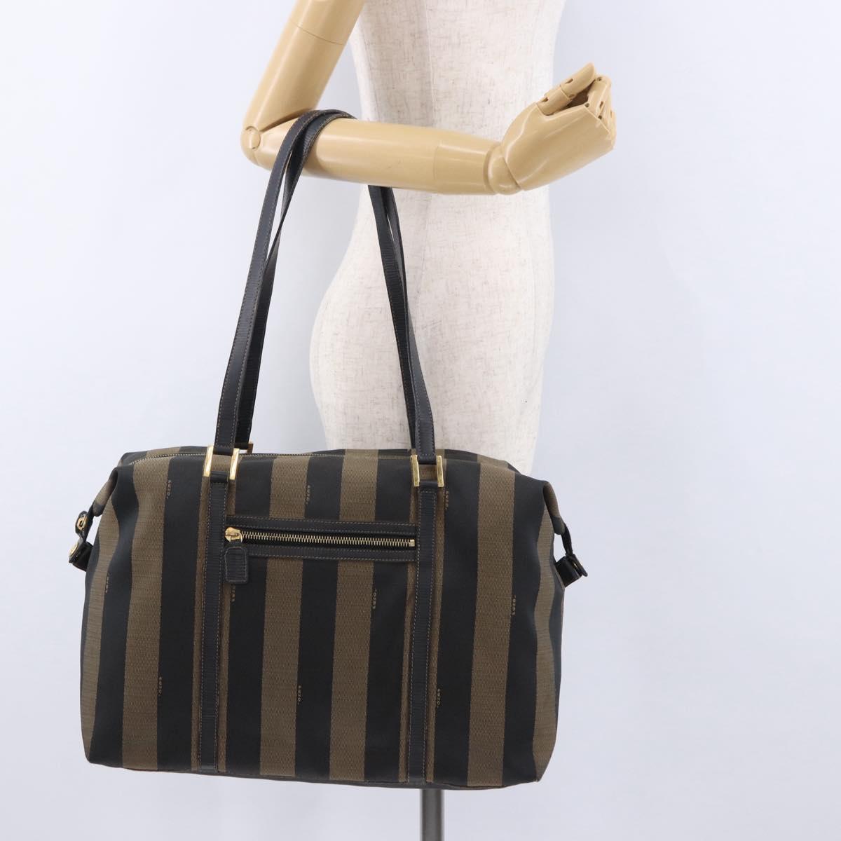 FENDI Pecan Canvas Tote Bag Brown Black Auth 195728A