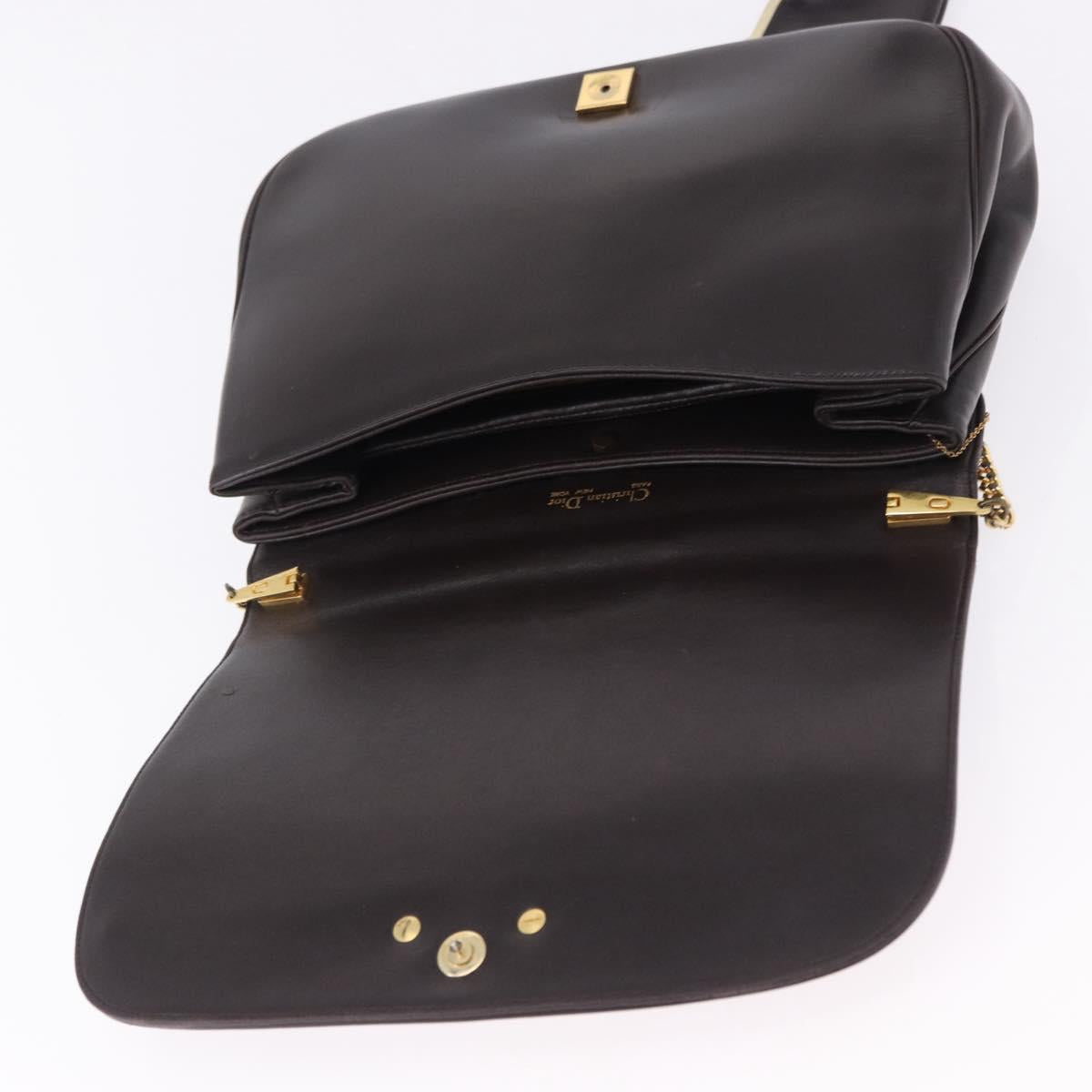 Christian Dior Chain Shoulder Bag Leather Dark Brown Gold Auth 195730