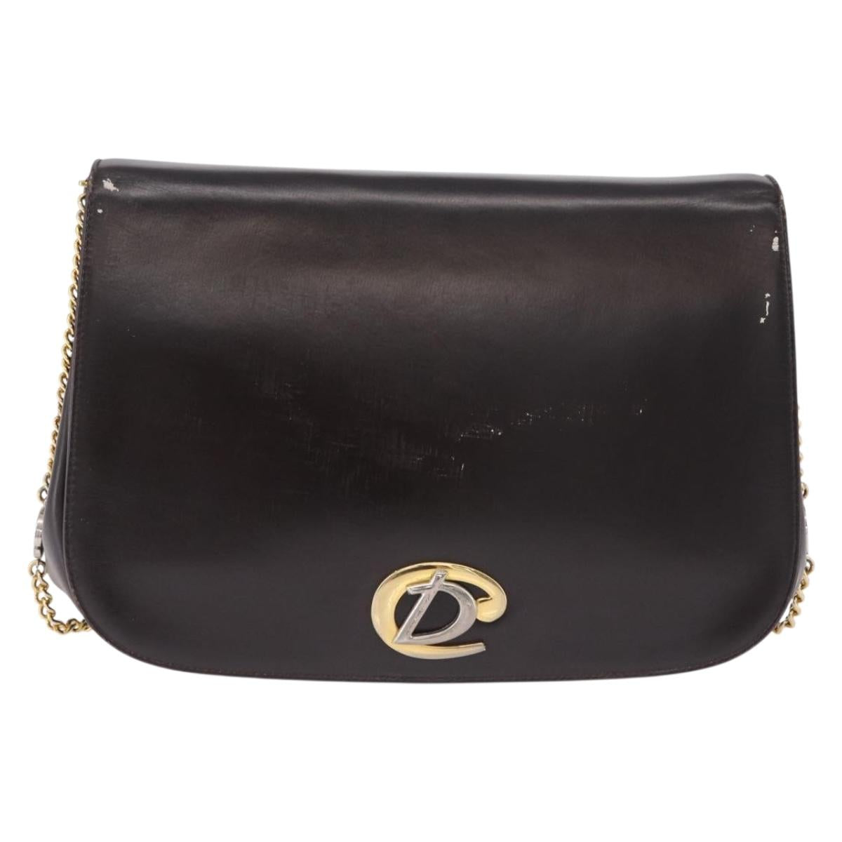 Christian Dior Chain Shoulder Bag Leather Dark Brown Gold Auth 195730