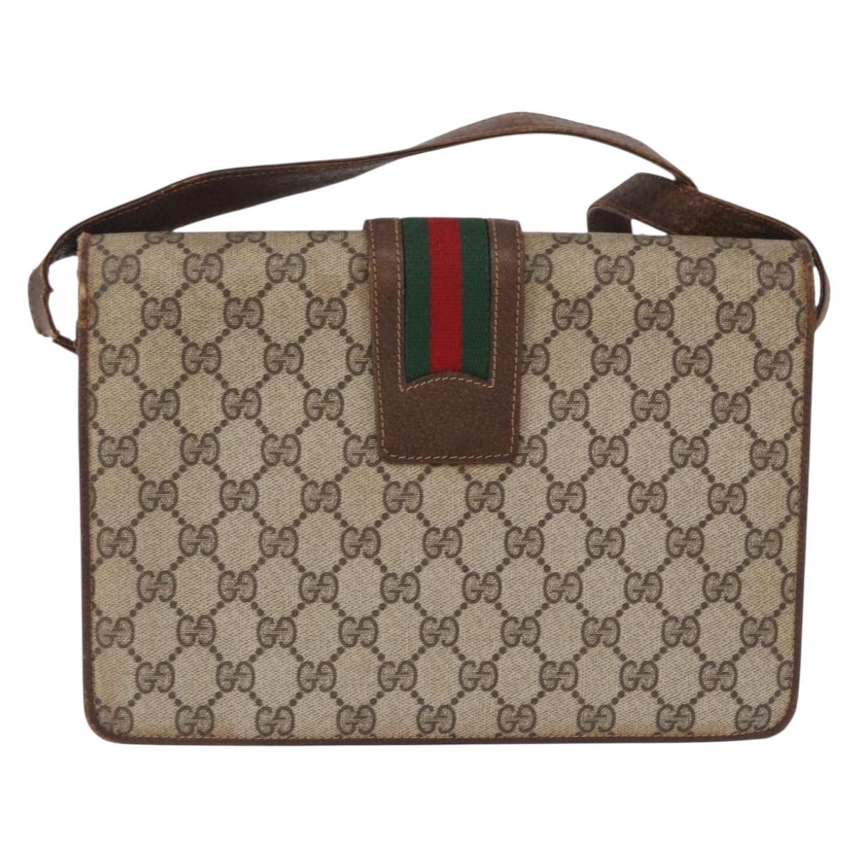 GUCCI GG Supreme Web Sherry Line Shoulder Bag PVC Beige Gold Auth 195731