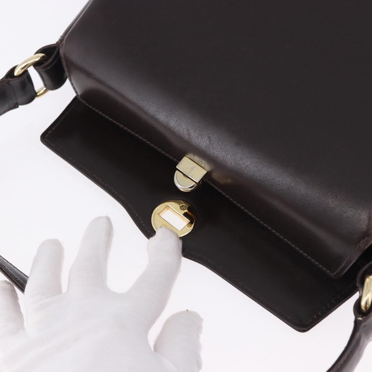 GUCCI Hand Bag Leather Dark Brown Gold Auth 195744A