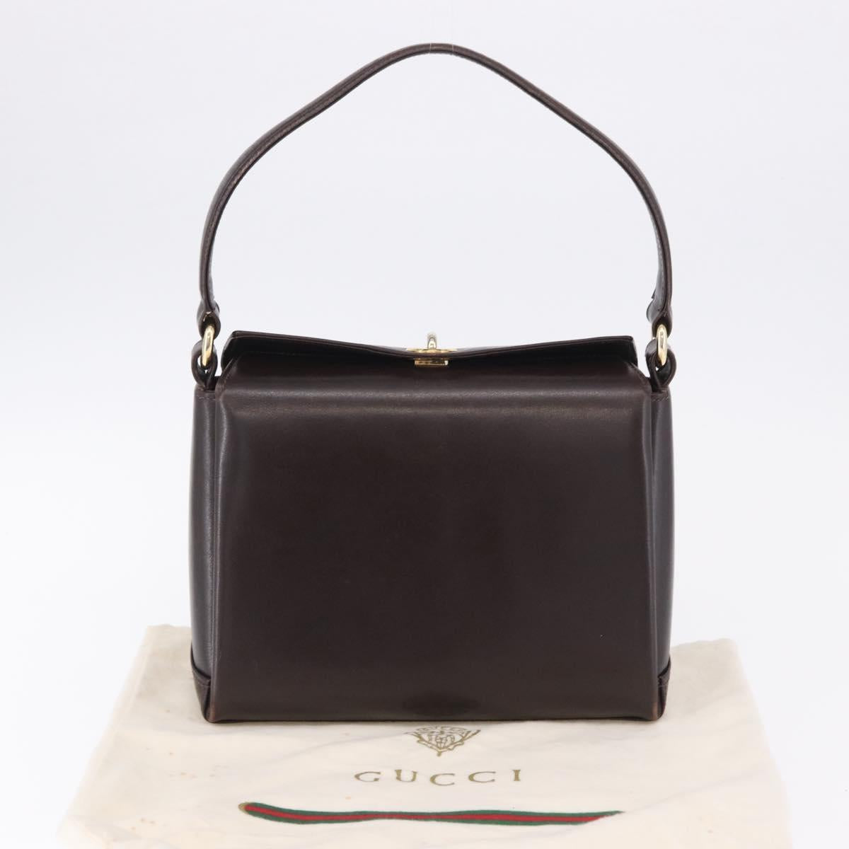 GUCCI Hand Bag Leather Dark Brown Gold Auth 195744A