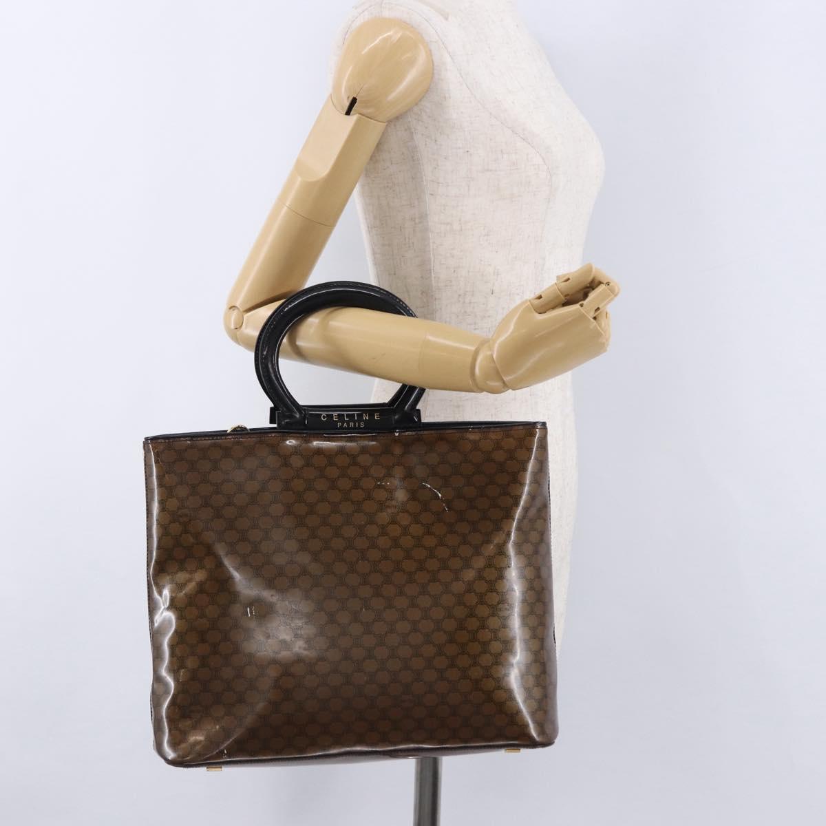 CELINE Macadam Canvas Hand Bag Vinyl Brown Gold Auth 195746