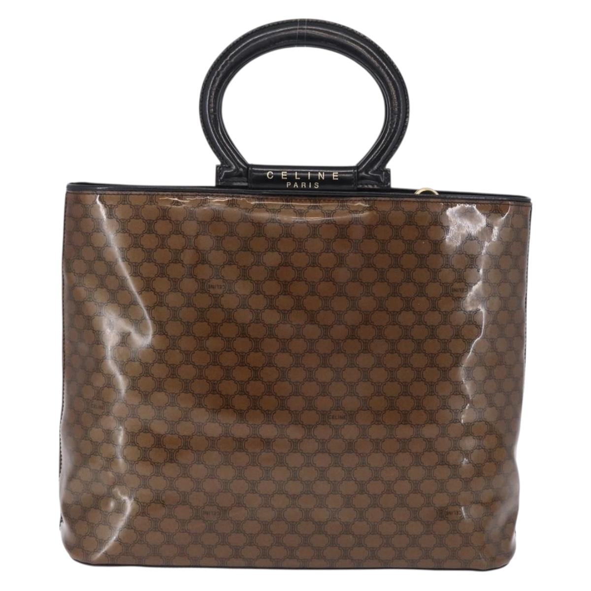 CELINE Macadam Canvas Hand Bag Vinyl Brown Gold Auth 195746