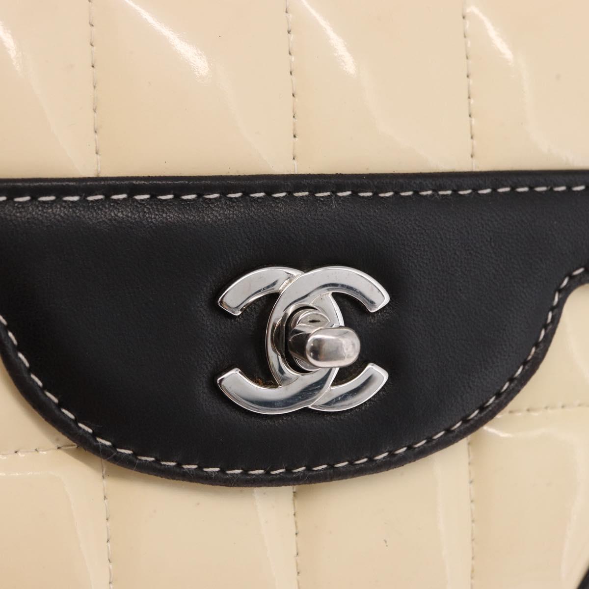 CHANEL Choco Bar Line Turn Lock Chain Bag Patent Leather Ivory CC Auth 195749V