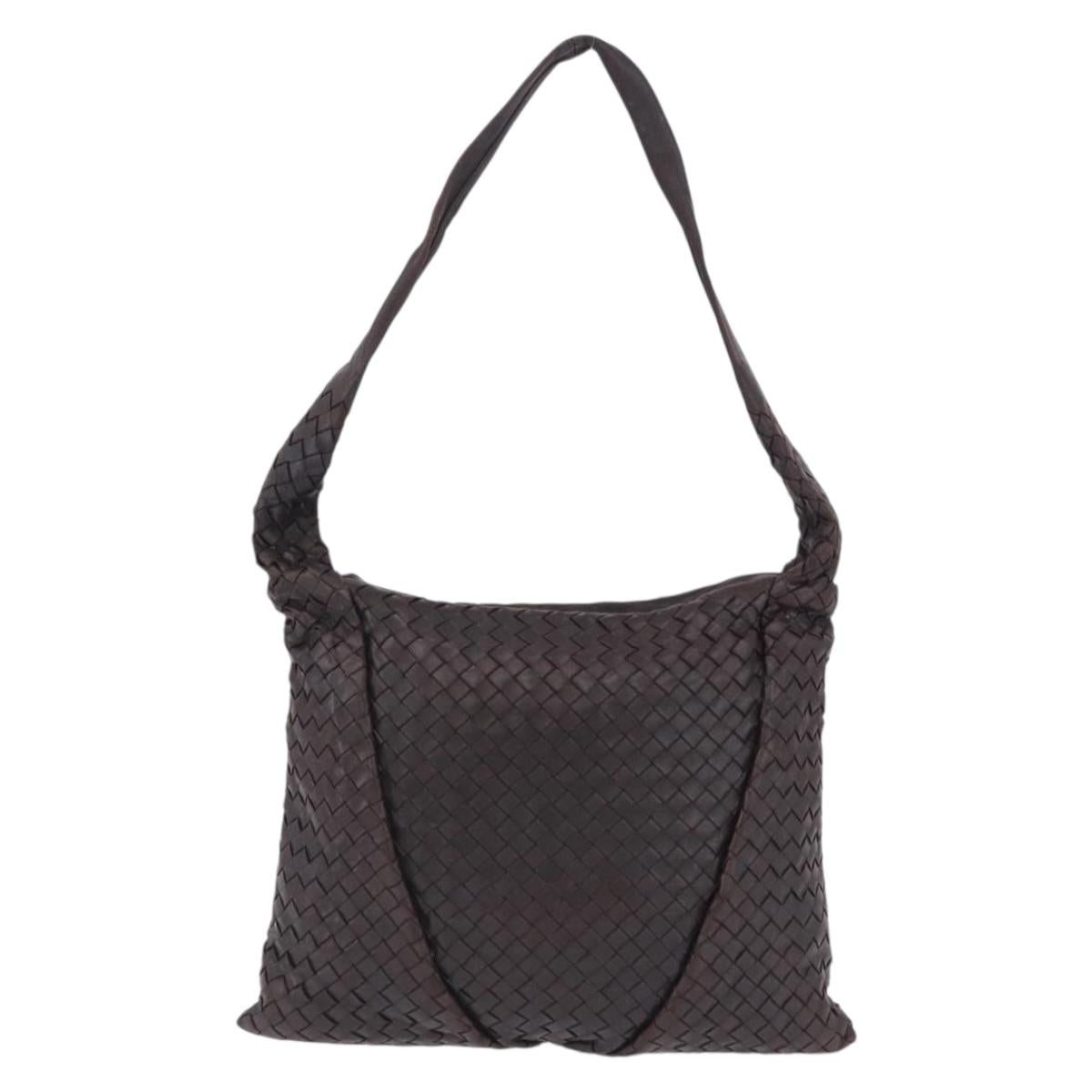 BOTTEGA VENETA INTRECCIATO Shoulder Bag Leather Dark Brown Silver Auth 195750V