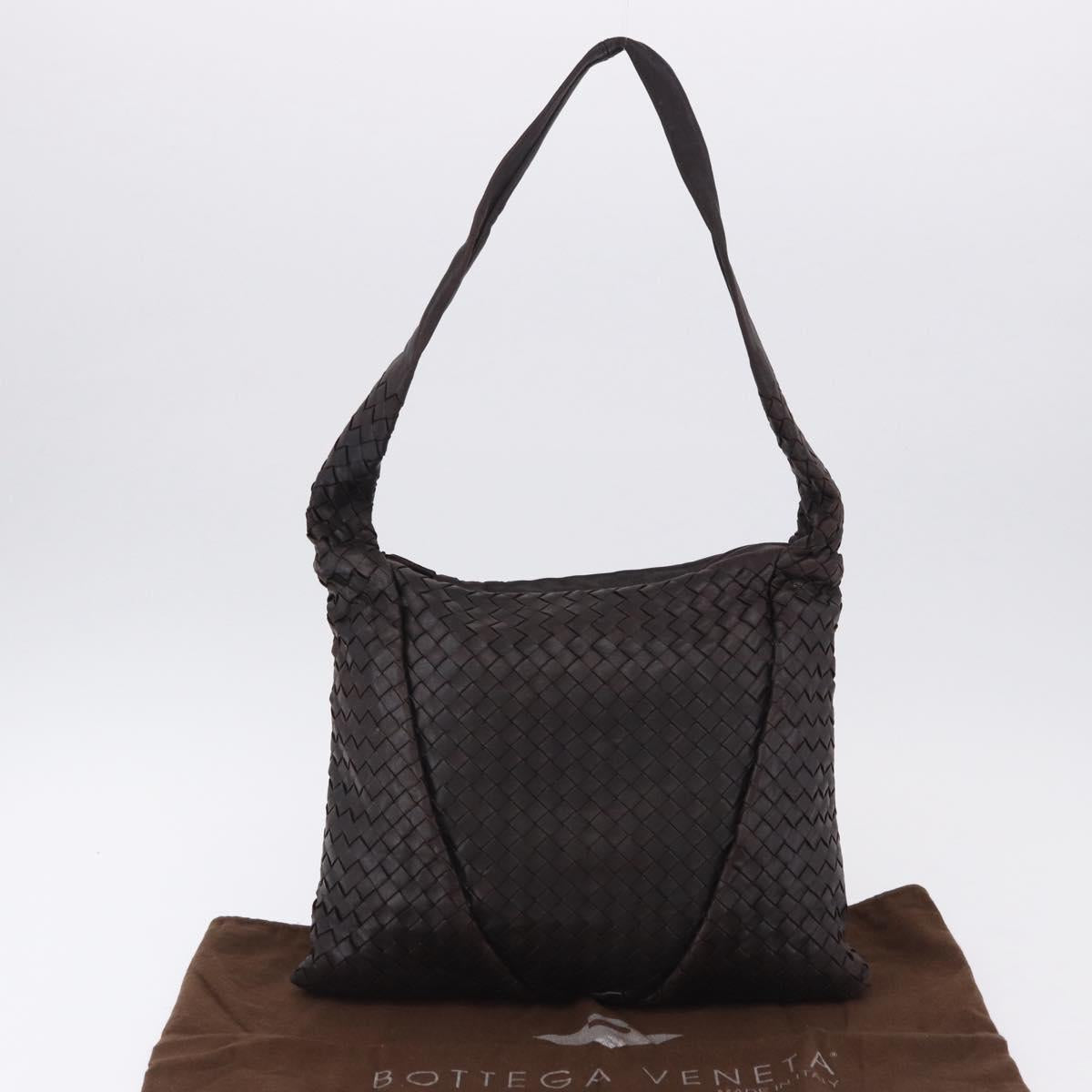 BOTTEGA VENETA INTRECCIATO Shoulder Bag Leather Dark Brown Silver Auth 195750V