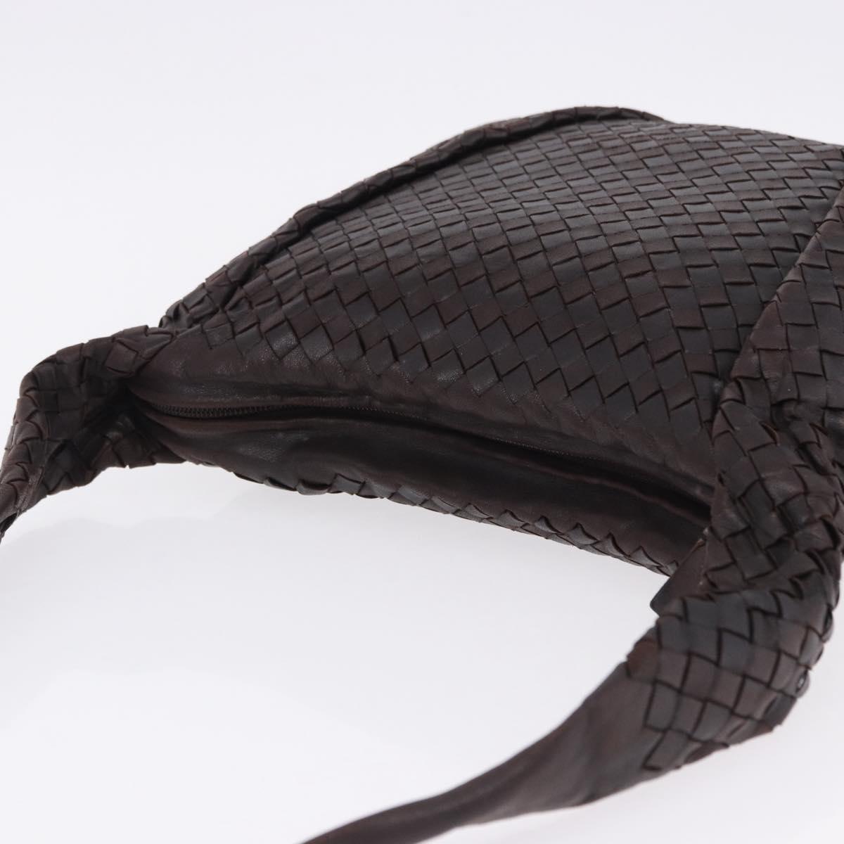 BOTTEGA VENETA INTRECCIATO Shoulder Bag Leather Dark Brown Silver Auth 195750V