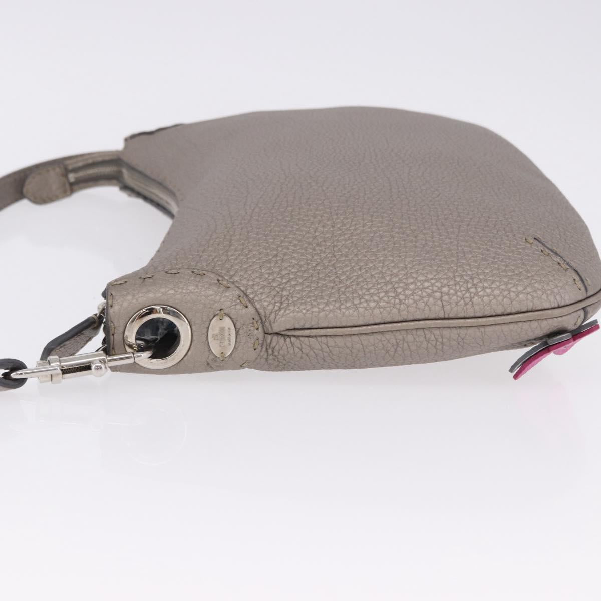 FENDI Celeria Shoulder Bag Leather Silver Auth 195754V
