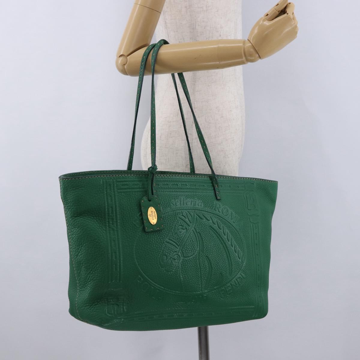 FENDI Tote Bag Leather Green Gold Silver Auth 195755V