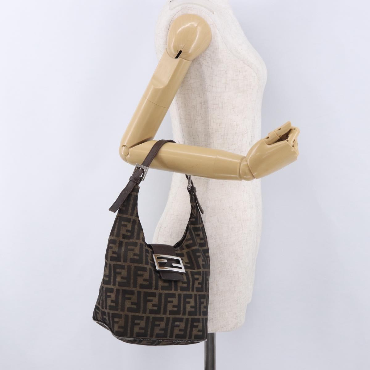 FENDI Zucca Canvas Hand Bag Brown Silver Auth 195759
