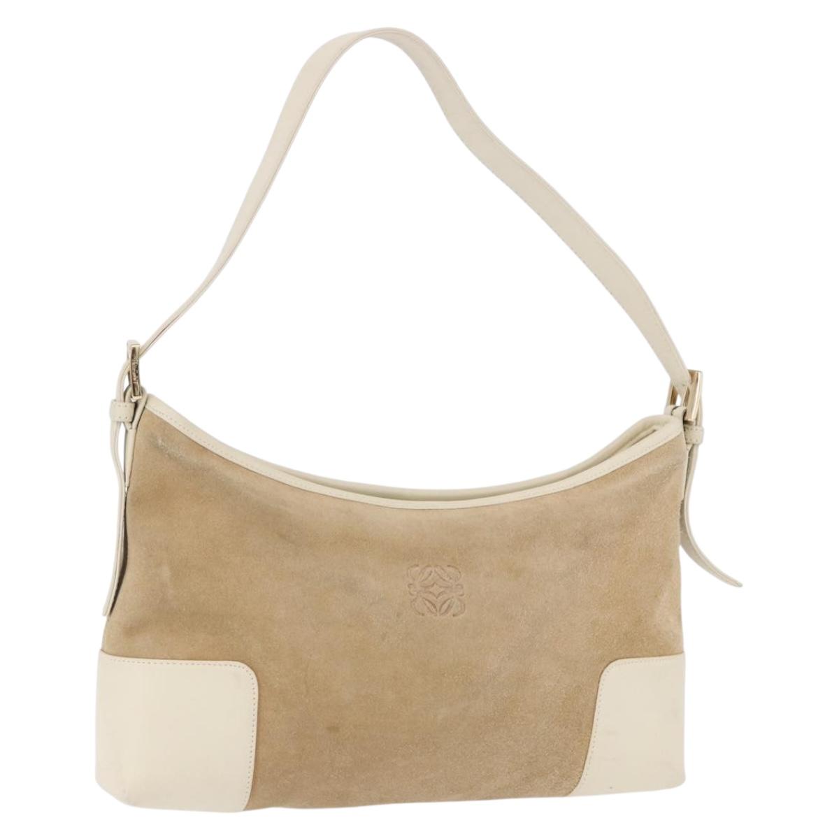 LOEWE Anagram Shoulder Bag Suede Beige Gold Tone Auth 195760V