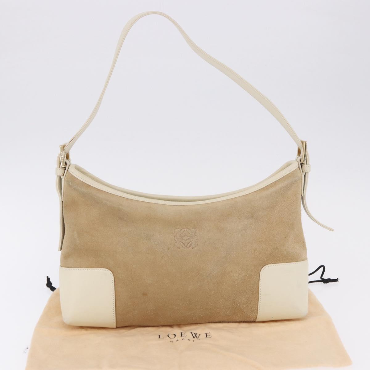 LOEWE Anagram Shoulder Bag Suede Beige Gold Tone Auth 195760V
