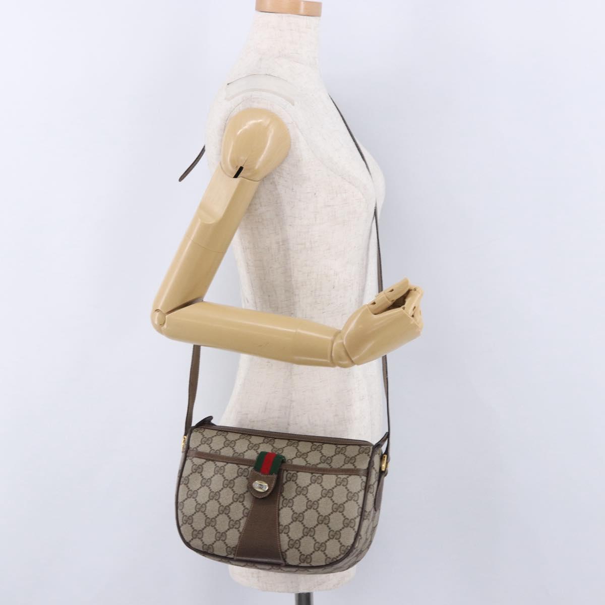 GUCCI GG Supreme Web Sherry Line Shoulder Bag PVC Leather Beige Gold Auth 195761