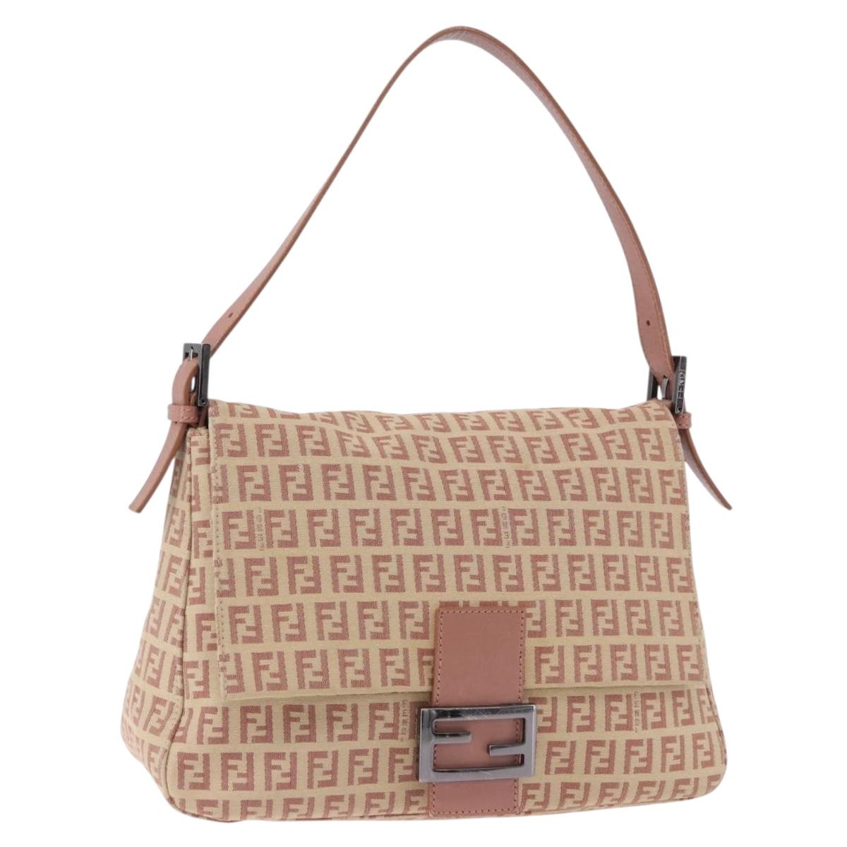 FENDI Zucchino Canvas Mamma Baguette Shoulder Bag Pink Silver 8BR001 195764A