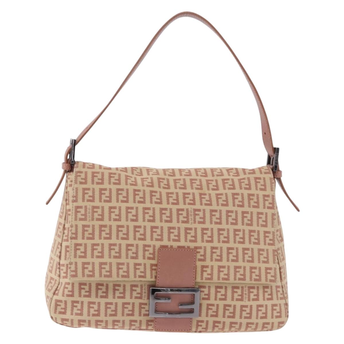 FENDI Zucchino Canvas Mamma Baguette Shoulder Bag Pink Silver 8BR001 195764A