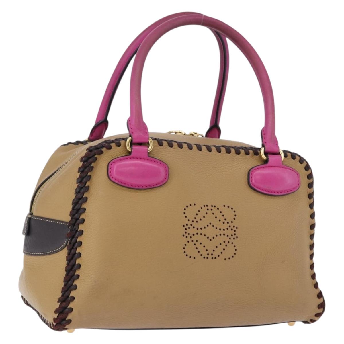 LOEWE Hand Bag Leather Beige Pink Auth 195765A