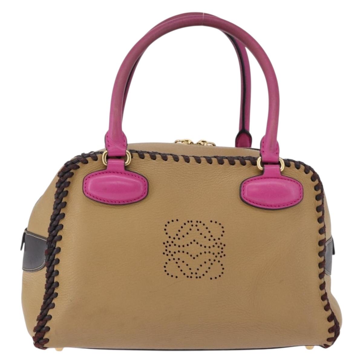 LOEWE Hand Bag Leather Beige Pink Auth 195765A