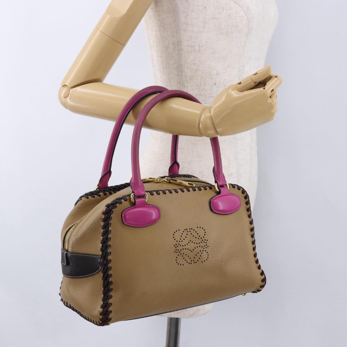 LOEWE Hand Bag Leather Beige Pink Auth 195765A