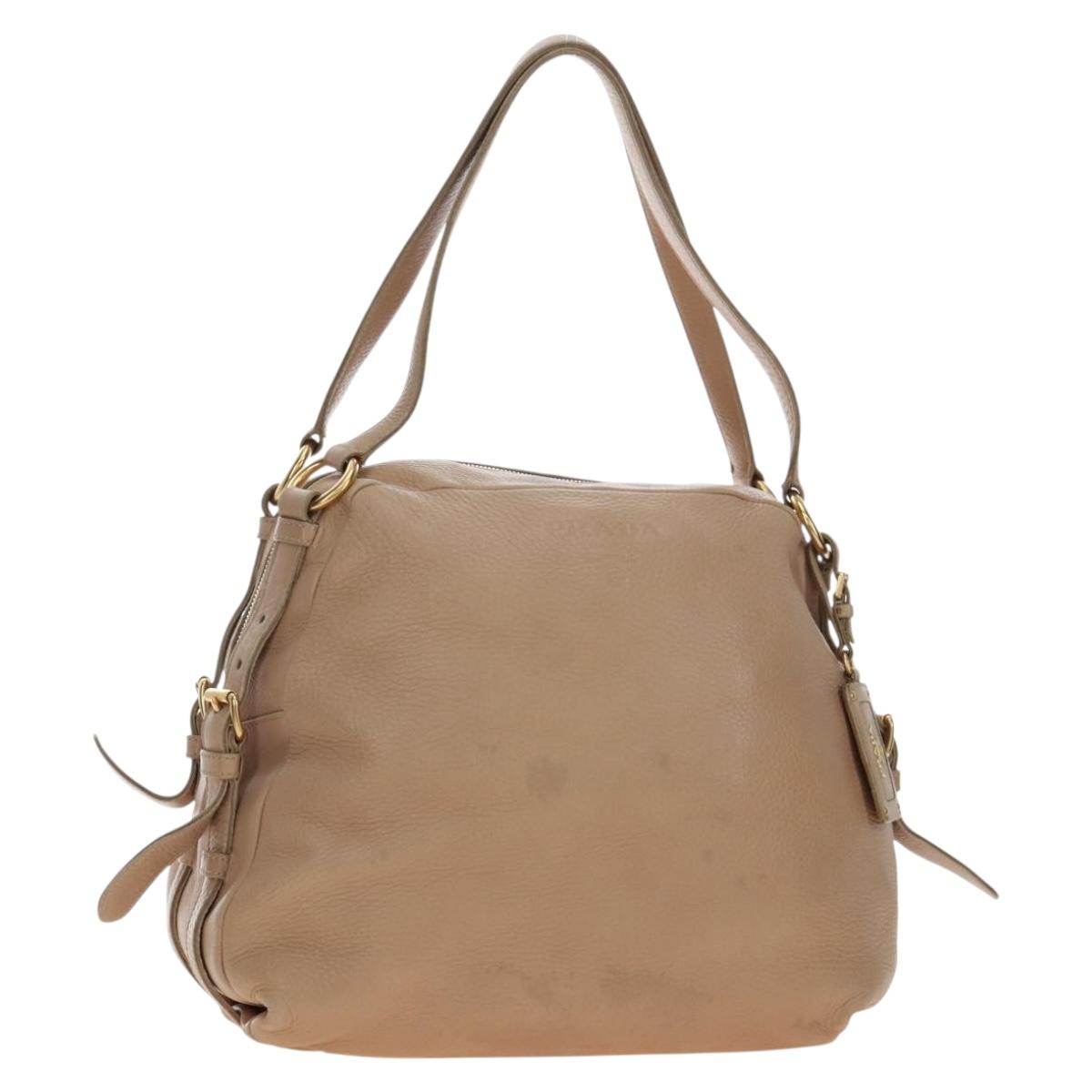 PRADA Tote Bag Leather Beige Gold Tone Auth 195767V