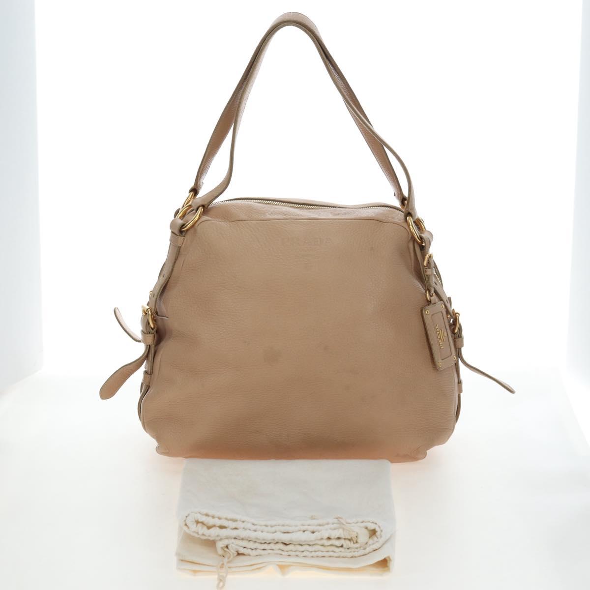 PRADA Tote Bag Leather Beige Gold Tone Auth 195767V