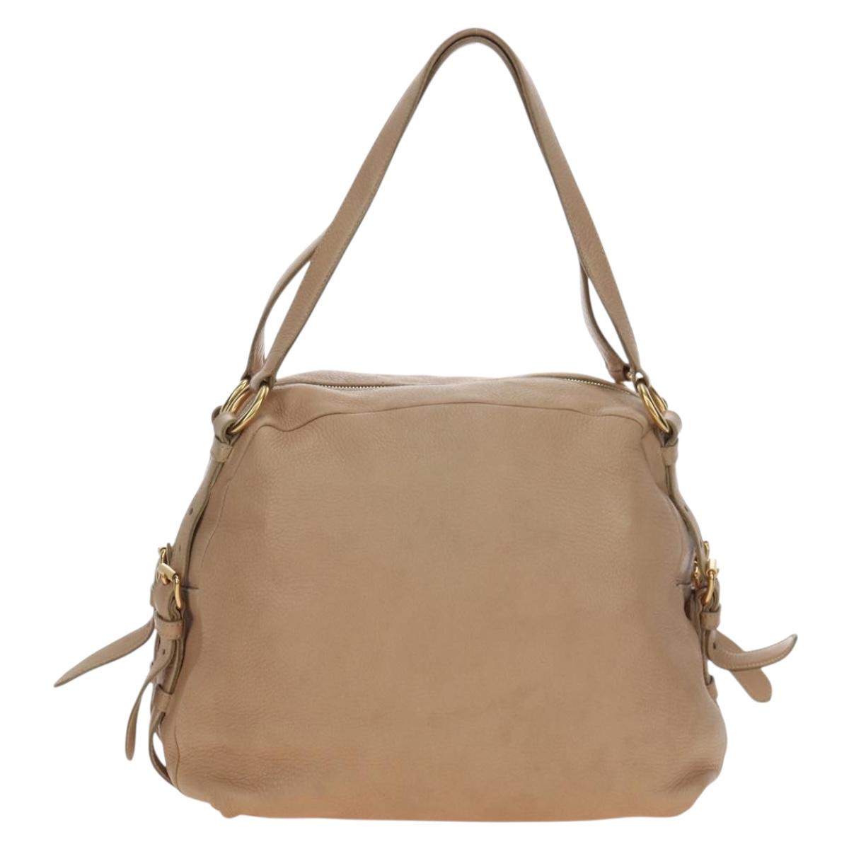 PRADA Tote Bag Leather Beige Gold Tone Auth 195767V
