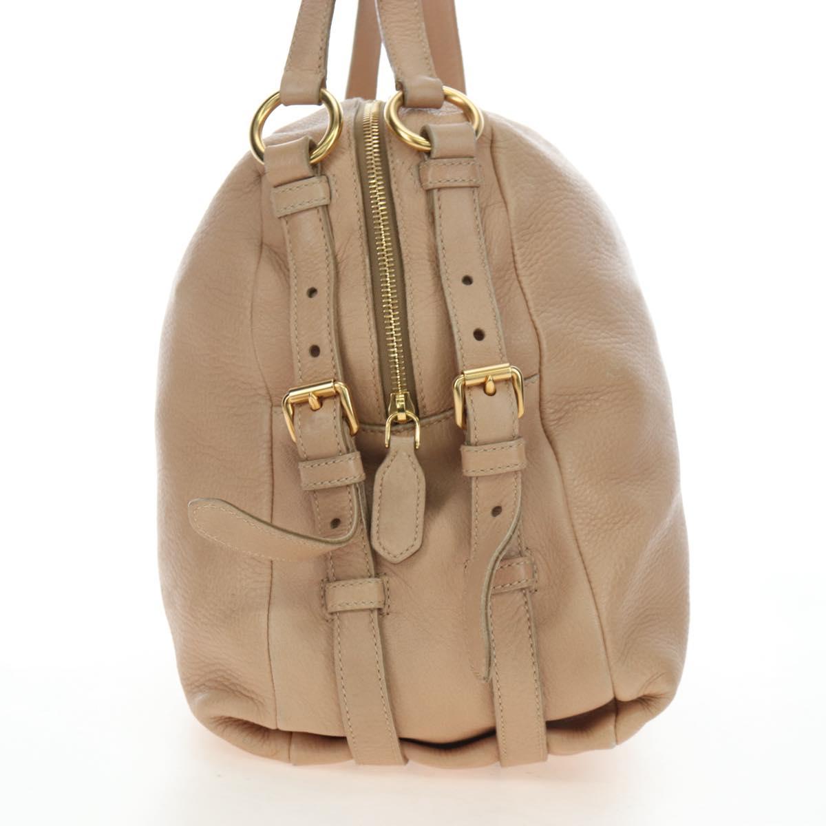 PRADA Tote Bag Leather Beige Gold Tone Auth 195767V