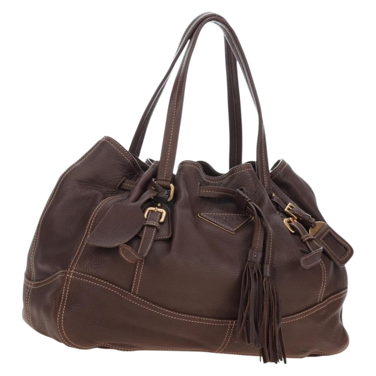 PRADA Tote Bag Leather Brown Gold Tone Auth 195768M