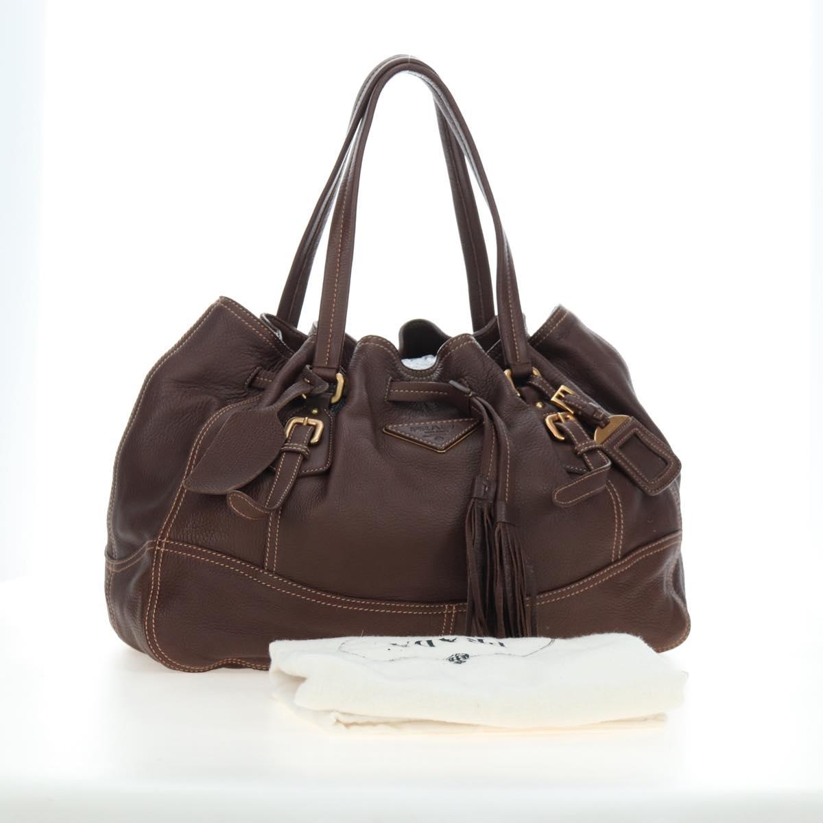 PRADA Tote Bag Leather Brown Gold Tone Auth 195768M