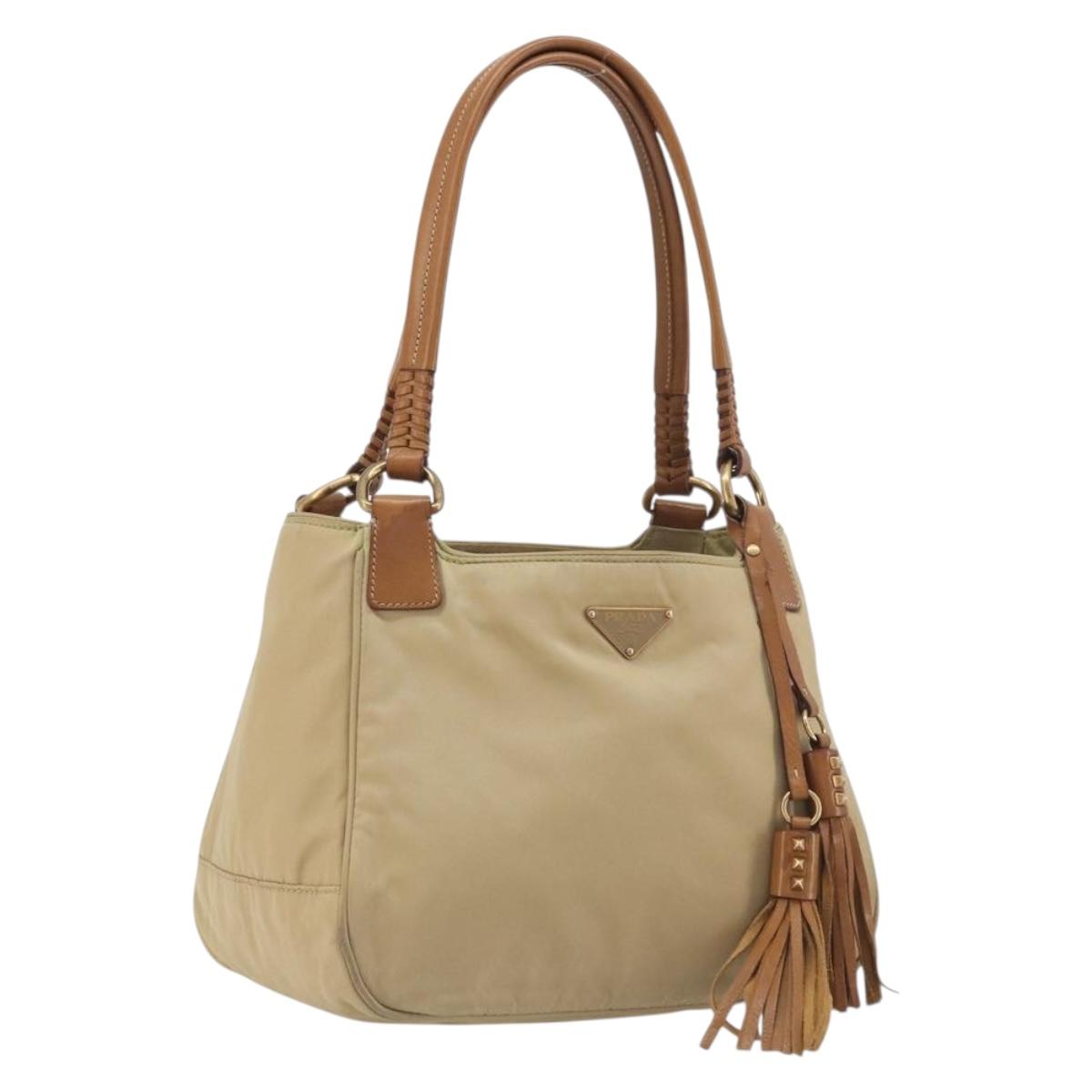 PRADA Tote Bag Nylon Beige Gold Auth 195771V