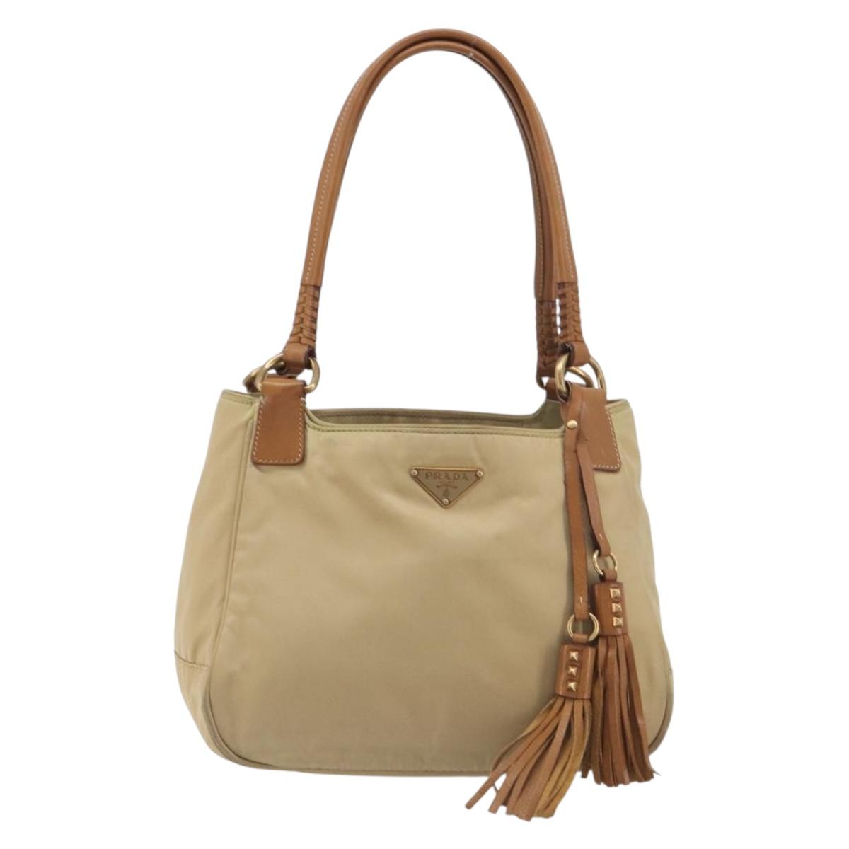 PRADA Tote Bag Nylon Beige Gold Auth 195771V