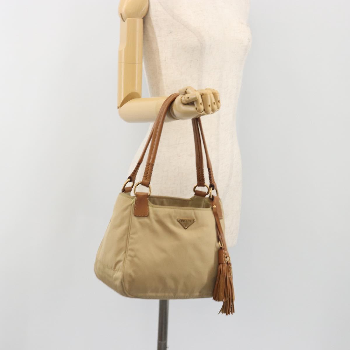 PRADA Tote Bag Nylon Beige Gold Auth 195771V