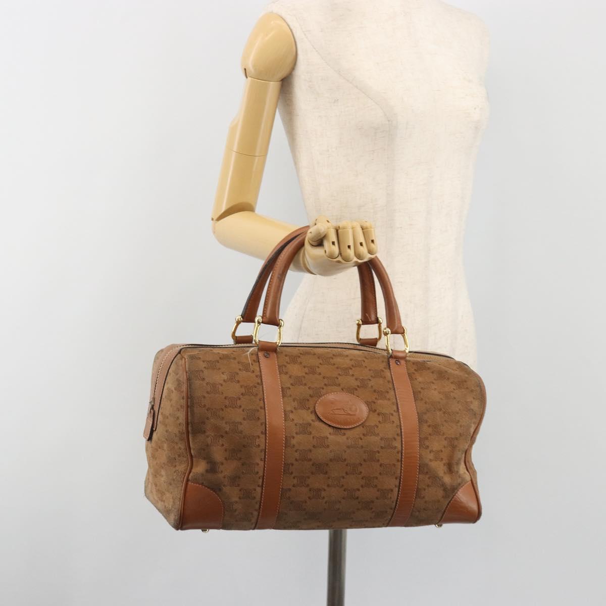 CELINE Macadam Boston Bag Suede Brown Gold Tone Auth 195774