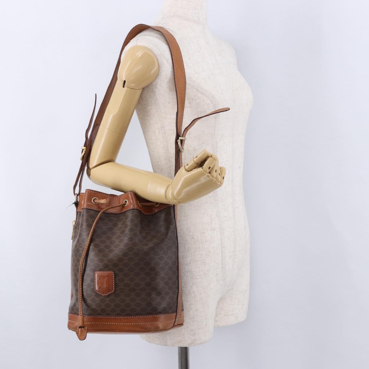 CELINE Macadam Shoulder Bag PVC Leather Brown Gold Tone Auth 195775